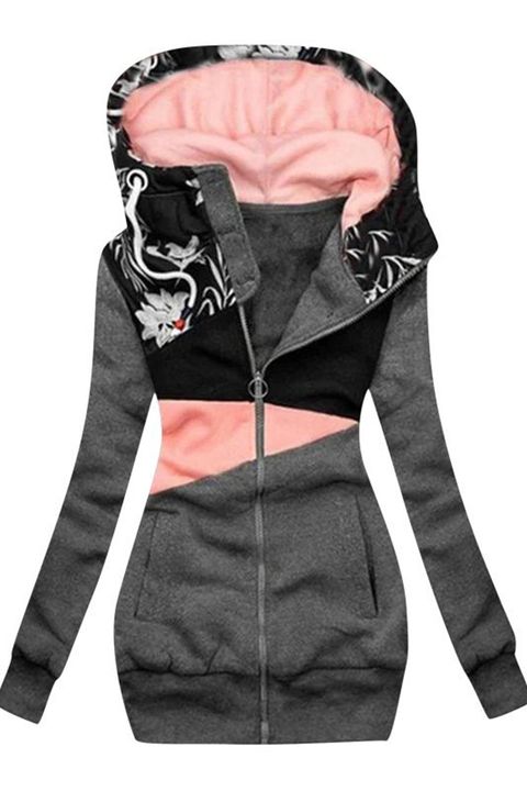 Colorblock Floral Print O-ring Zip Up Hooded Coat gallery 1