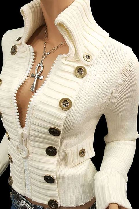 Solid Zip Design Button Front Flap Detail Cardigan gallery 1