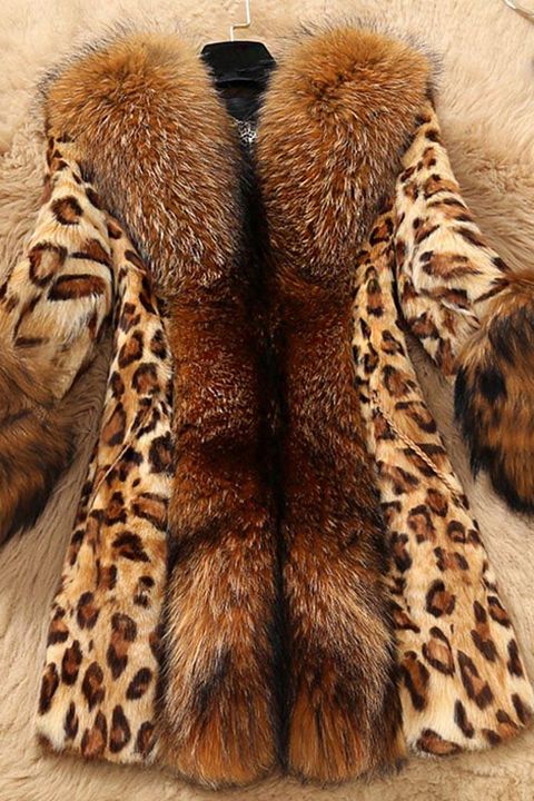 Leopard Pattern Contrast Faux Feather Slant Pocket Coat gallery 1