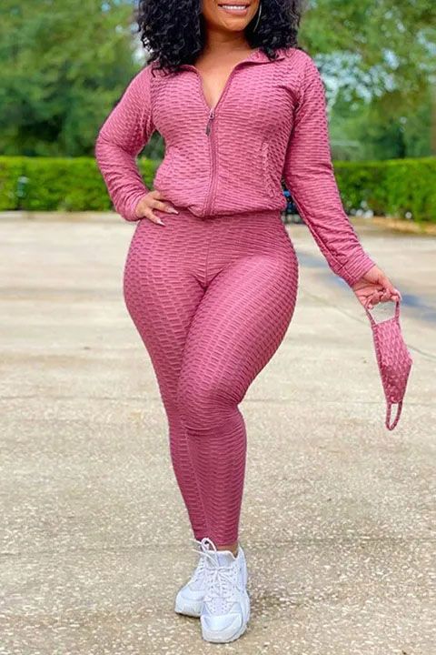 Flamingo Solid Textured Dual Pocket Sports Jacket & Ruched Leggings Set With Mask
