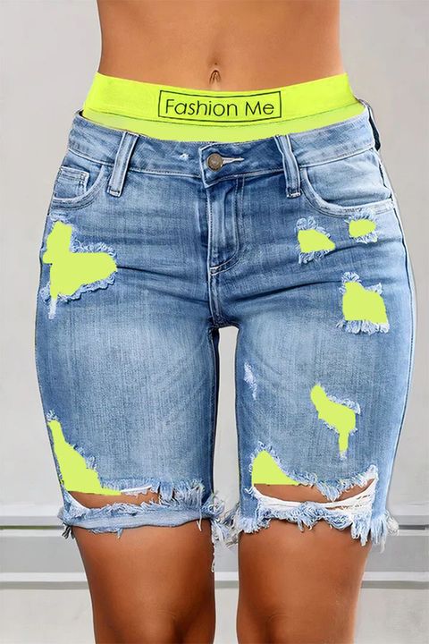 Colorblock Letter Print Ripped 2-In-1 Denim Shorts gallery 1