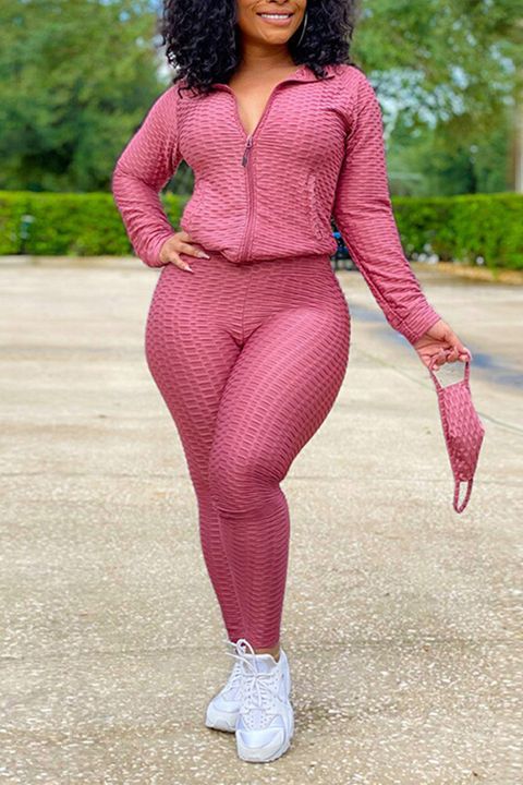 Flamingo Solid Textured Dual Pocket Sports Jacket & Ruched Leggings Set Without Mask