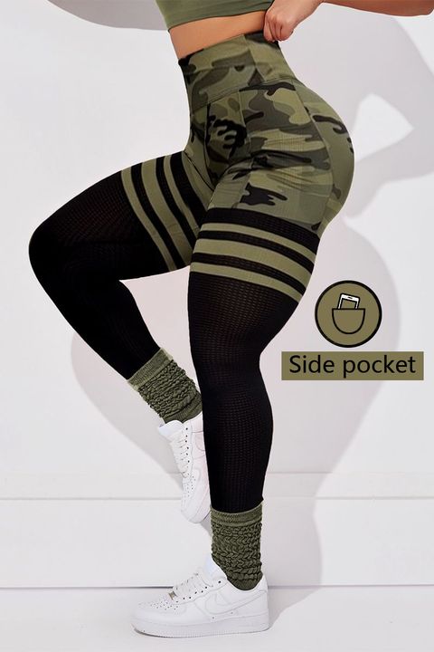 Striped Camo Print Pocket Detail Scrunch Butt Sports Leggings gallery 1
