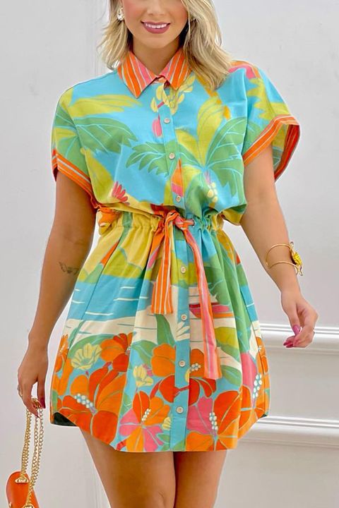 Flamingo Floral Print Drawstring Waist Short Shirt Dress