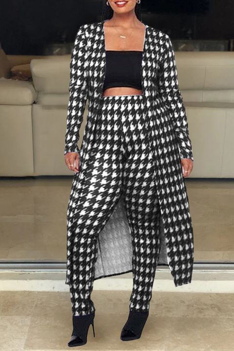Hounstooth Print Longline Coat & Pants Set Without Cami Top gallery 1