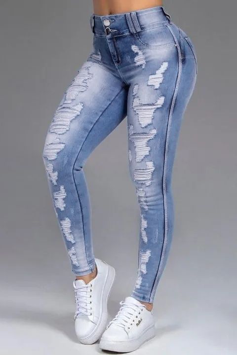 Extreme Distressed Mid Waist Skinny Jeans gallery 1