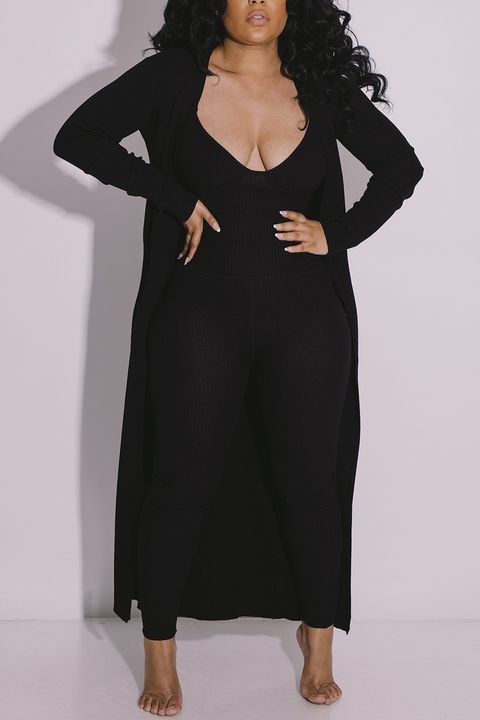 Solid Longline Cardigan & Form Fitted Jumpsuit Set gallery 1