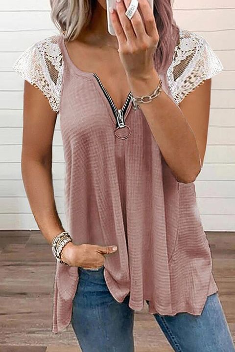 Flamingo Waffle Knit Lace Sleeve Zip Front Blouse