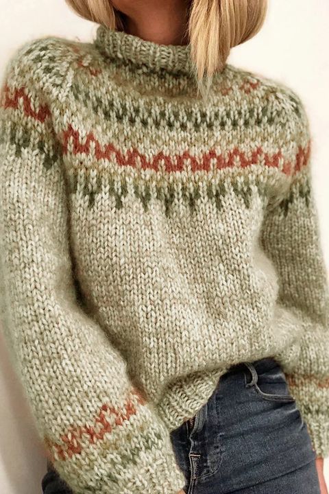 Flamingo Fair Isle Pattern Chunky Knit Mock Neck Sweater