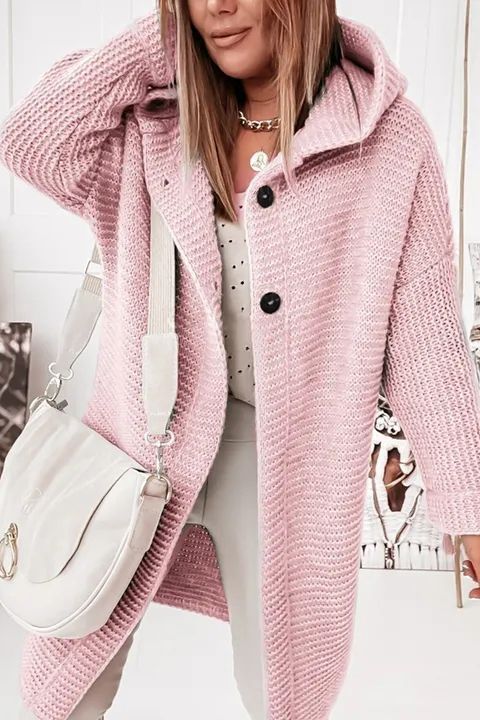 Flamingo Rib-Knit Button Up Open Front Hooded Cardigan