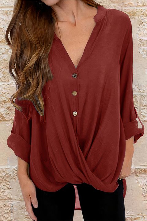 Flamingo Button Front Draped Roll Tab Sleeve Blouse