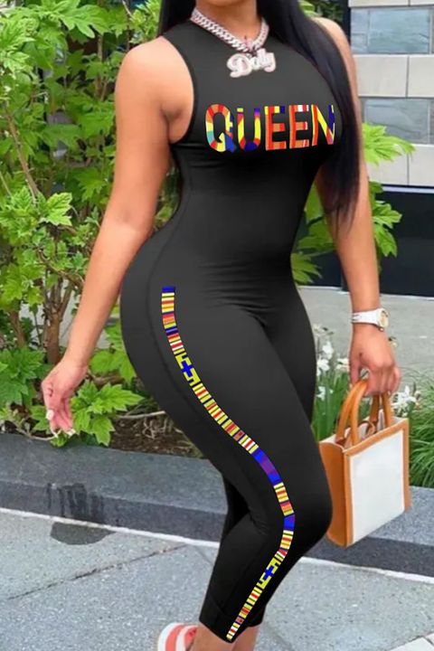 Letter & Graphic Print Form Fitted Sleeveless Round Neck Jumpsuit gallery 1