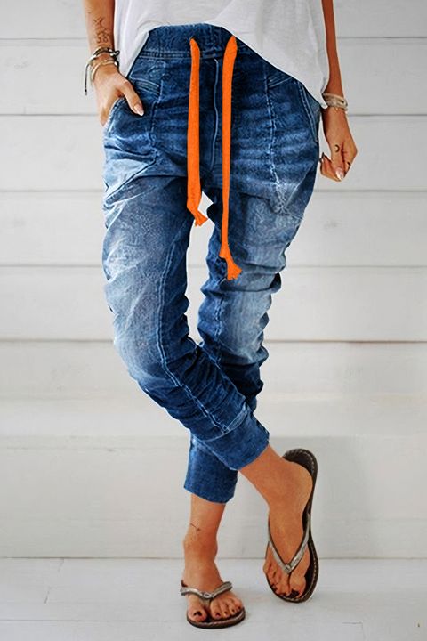 Flamingo Drawstring Design Slant Pocket Jeans
