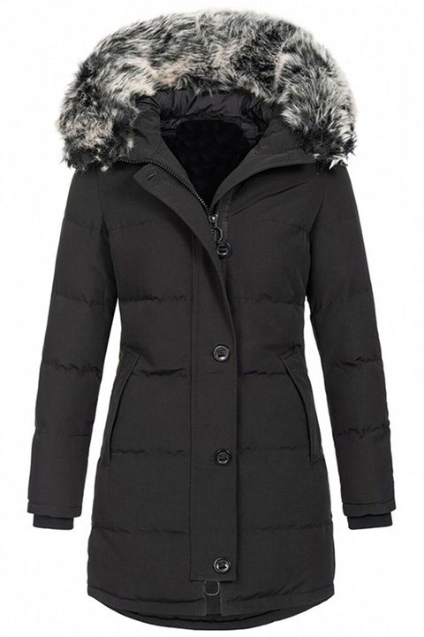 Flamingo Zip Up Button Front Thermal Lined Contrast Faux Fur Puffer Coat