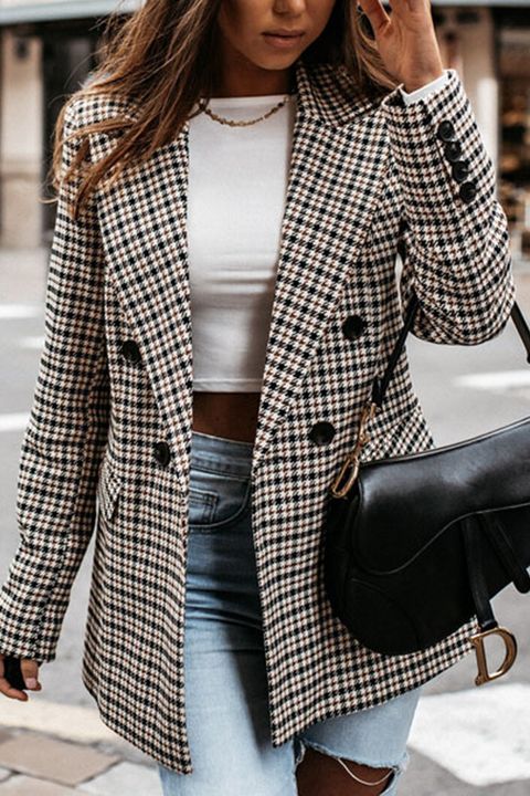 Plaid Double Breasted Lapel Collar Blazer gallery 1