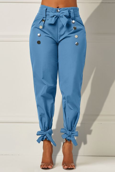 Flamingo Double Breasted Knot Cuff Belted High Waist Pants