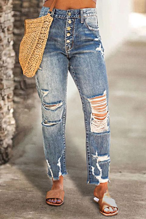 Flamingo Button Fly Ripped Raw Hem Jeans