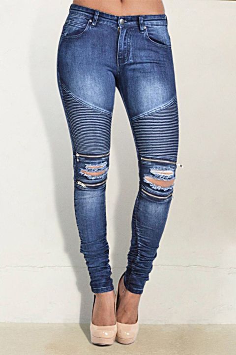 Flamingo Ripped Knee Zip Detail Low Waist Stacked Jeans