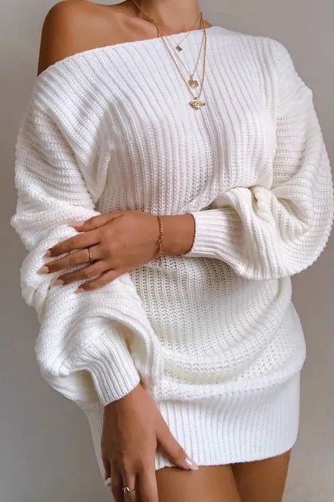 Boat Neck Lantern Sleeve Sweater Dress 