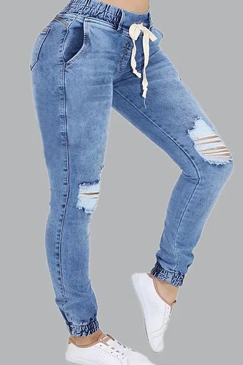 Ripped Drawstring Flap Pocket Side Jogger Jeans gallery 1