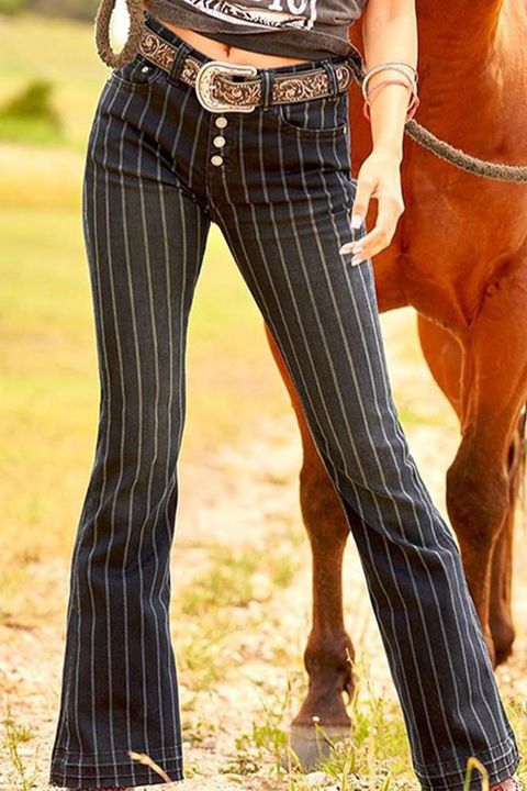 Flamingo Striped Button Fly Mid Waist Flare Jeans