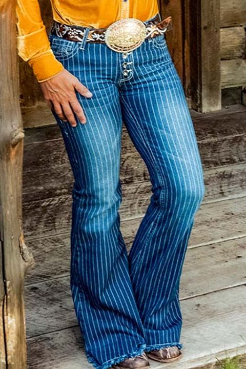 Striped Button Fly Raw Hem Flare Jeans gallery 1