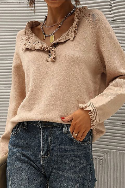 Flamingo Solid Ruffle Trim Button Up Sweater