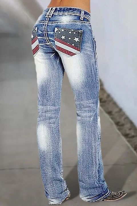 Flamingo American Flag Pattern Washed Low Waist Bootcut Jeans