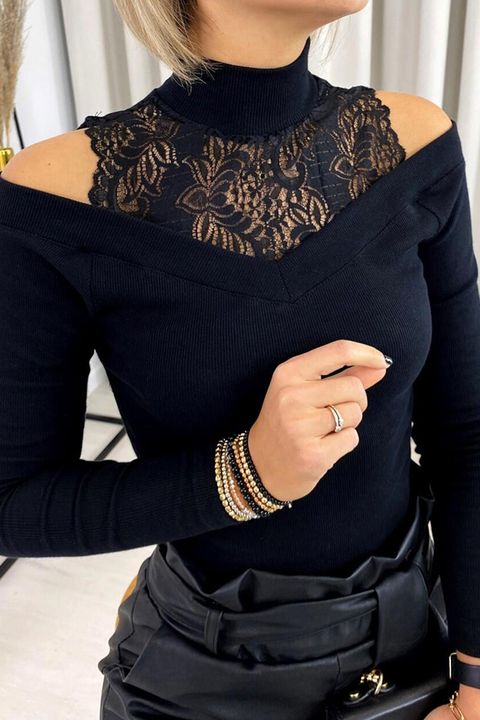Contrast Lace Ribbed Cold Shoulder Blouse gallery 1
