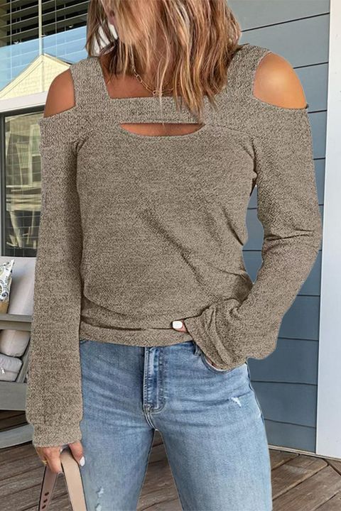 Flamingo Marled Knit Hollow Out Cold Shoulder Sweater