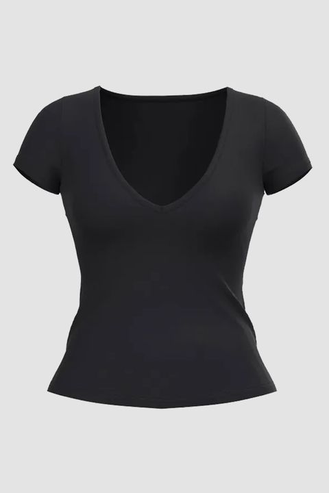 Solid Plunging Neck Short Sleeve T-Shirt gallery 1