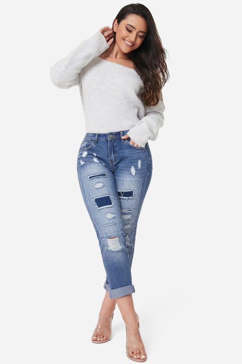 Ladder Distressed Patched Low Waist Jeans gallery 1