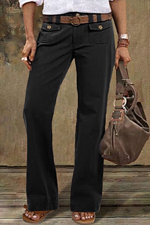 Solid Button Detail Flap Pocket Straight Leg Pants Without Belt gallery 1