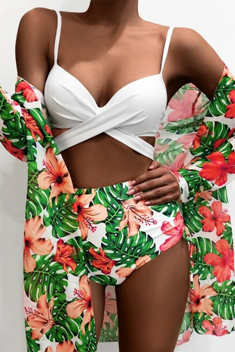 Tropical Print Cut Out Bikini Set With Kimono gallery 1