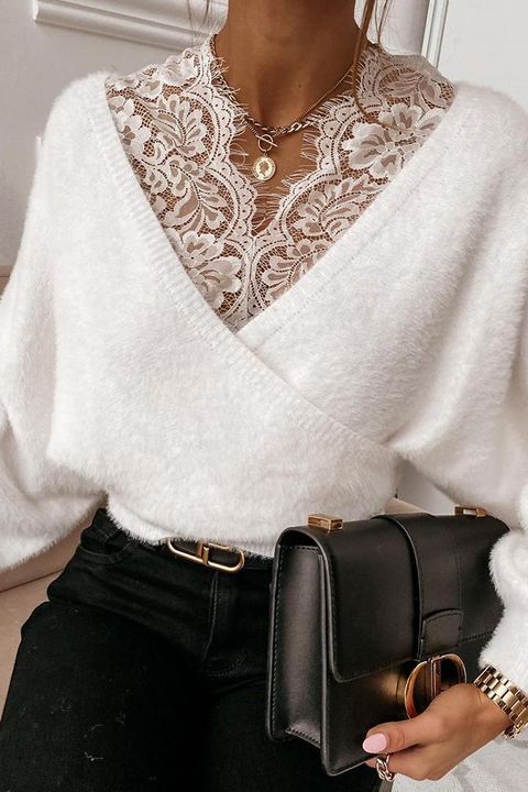 Lace Panel Drop Shoulder Sweater gallery 1