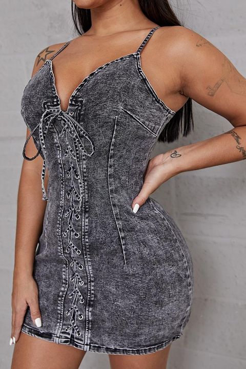 Plus Lace Up Front Cami Denim Dress gallery 1