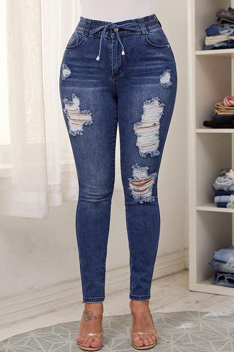 Drawstring Waist Ripped Skinny Jeans gallery 1