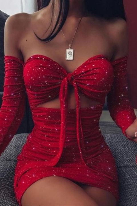 Glitter Cut Out Tie Front Off Shoulder Mini Dress gallery 1