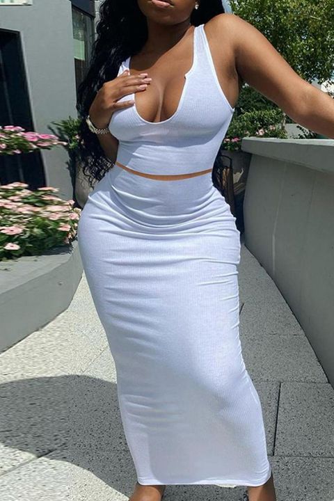 Solid Notched Form Fitting Tank Top & Skirt Set gallery 1