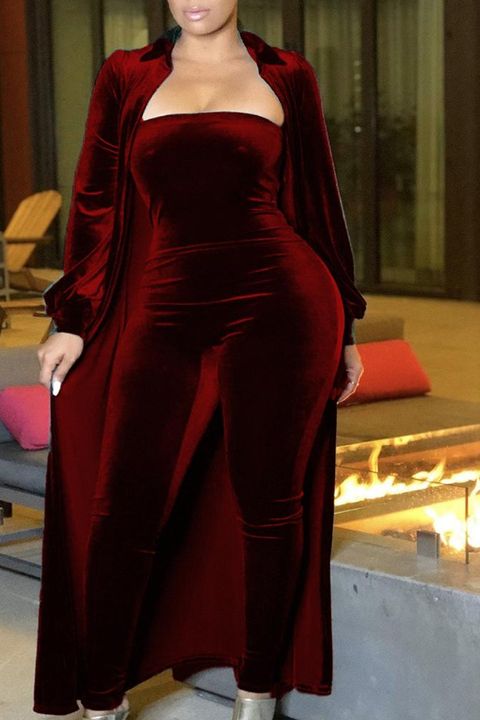 Solid Velvet Strapless Jumpsuit With Coat gallery 1