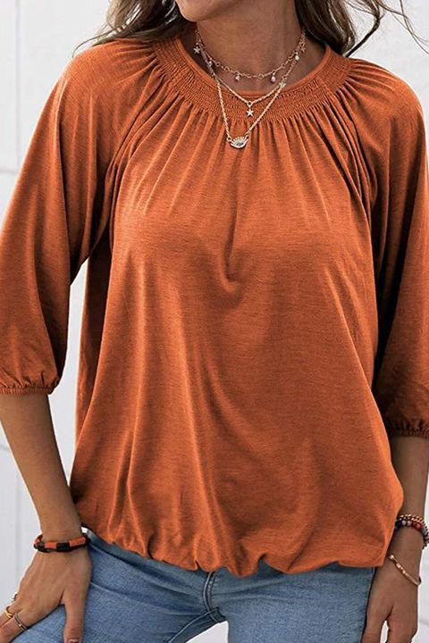 Solid Ruched Round Neck Top gallery 1