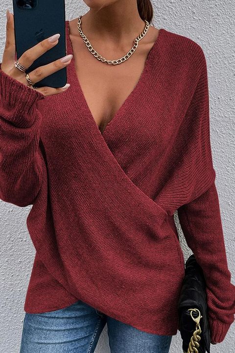 Solid Overlap V Neck Sweater gallery 1