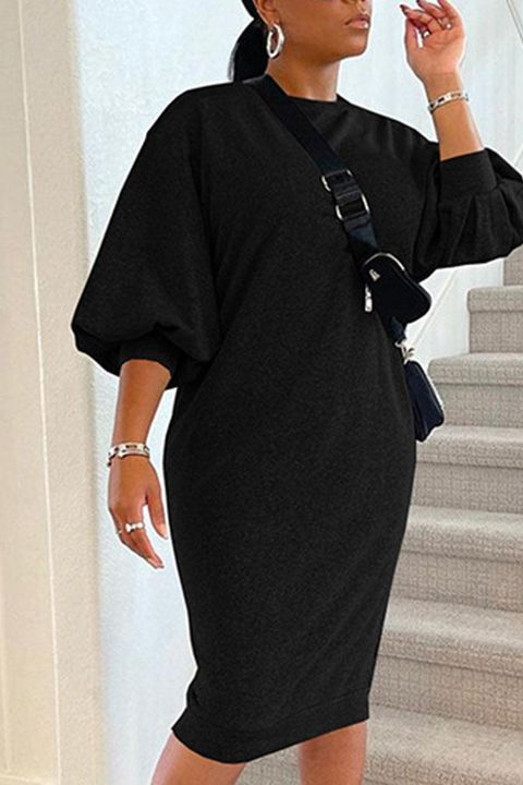 Solid Puff Sleeve Round Neck Midi Dress gallery 1