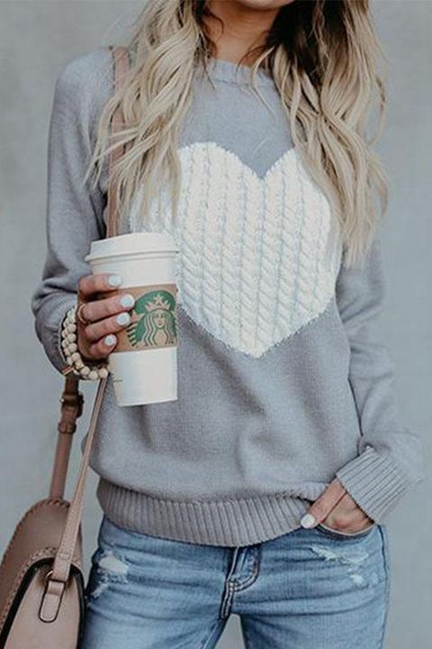 Flamingo Colorblock Heart Pattern Chunky Knit Round Neck Sweater