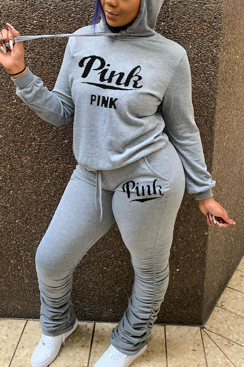 Letter Print PINK Drawstring Hooded Top & Stacked Pants Set gallery 1