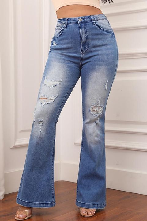 90s Vintage Ripped High Waist Slant Pocket Flare Leg Jeans gallery 1
