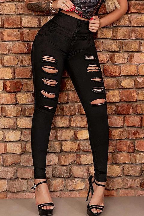 Button Front Ripped Distressed Skinny Jeans gallery 1
