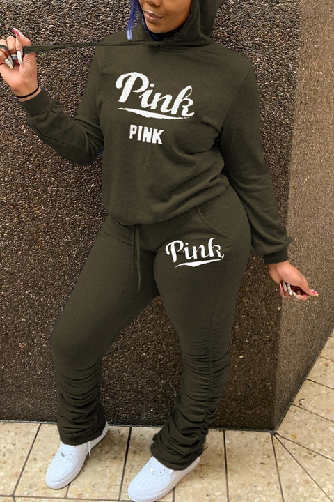 Letter Print PINK Drawstring Hooded Top & Stacked Pants Set gallery 1