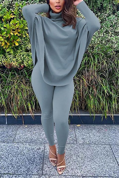 Solid Batwing Sleeve High Neck Top & Pants Set  gallery 1
