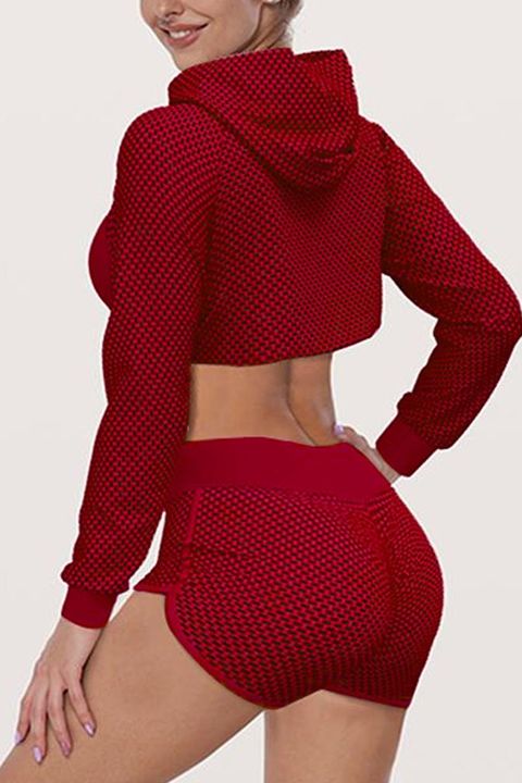 Textured Cut Out Drawstring Hooded Sports Top & Shorts Set gallery 1